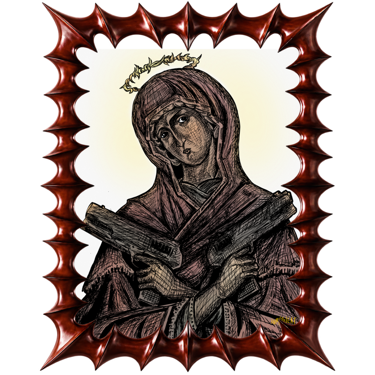 protect — fine art print by way 2 neat, shown in a carved spiked frame