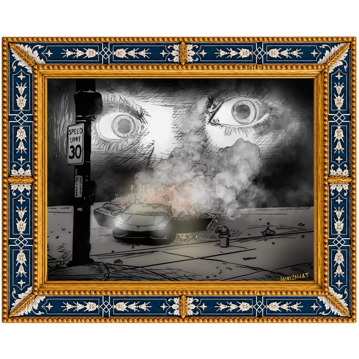 way2driftcore — fine art print by way 2 neat, shown in an ornate gold and navy frame